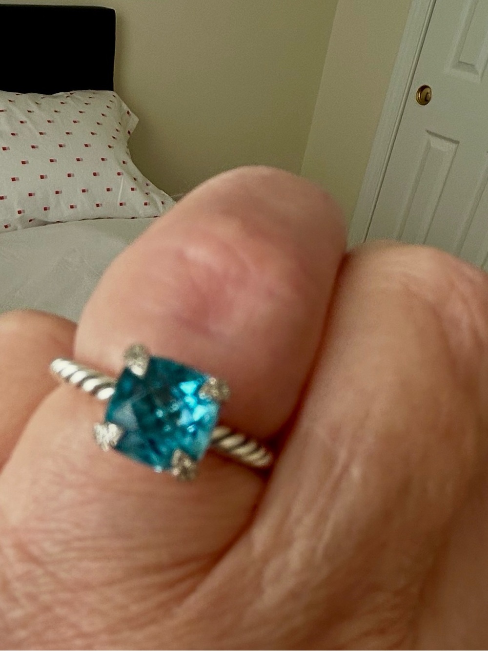 David Yurman Blue Cushion Gemstone Ring with Twisted Silver Band